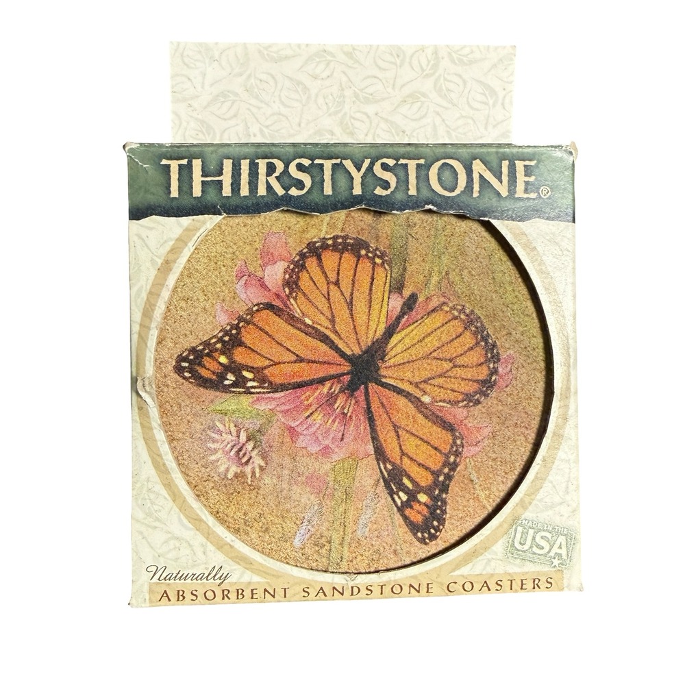 Vintage Thirstystone Amber Elegance Monarch Butterfly Sandstone Coasters Set 4